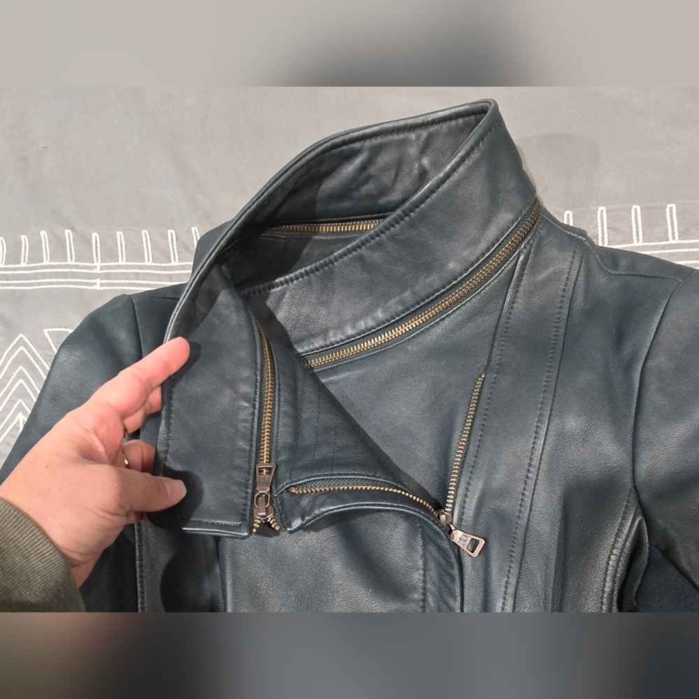 Sam Edelman Dark Green Leather Jacket Size XS - Picture 2 of 10